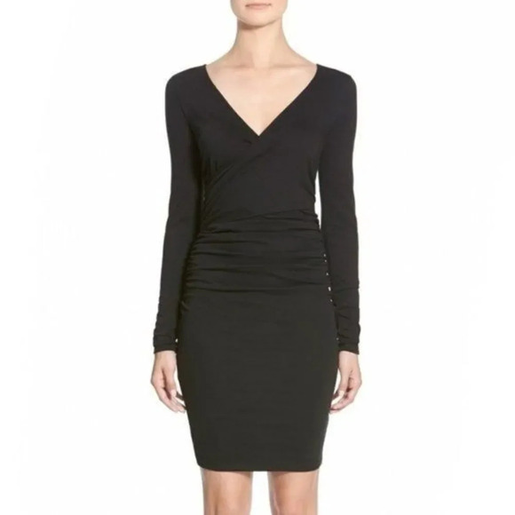 Leith Black Draped Faux Wrap Ruched Side Bodycon Long Sleeve Mini Dress XS - Picture 1 of 12